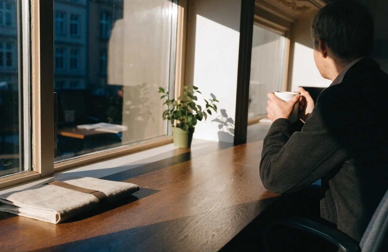 Warmes Morgenlicht auf einem Nebentisch im Digitaler Redaktionsbüro