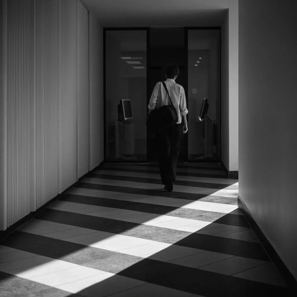 Person von hinten an einem Arbeitsplatz mit zwei seitlich stehenden Monitoren im Morgenlicht