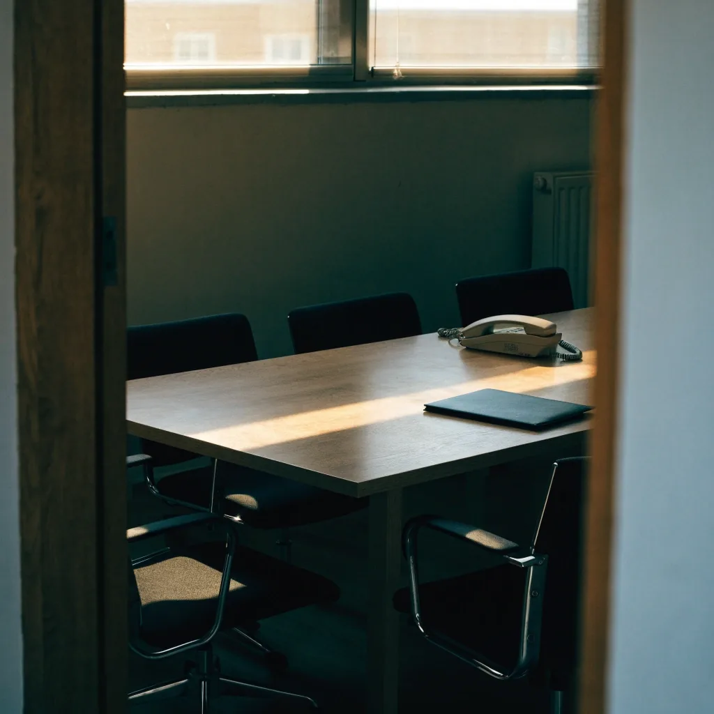 Besprechungsraum eines mittelständischen Betriebs am Morgen, Tisch mit geschlossenem Ordner im Streiflicht
