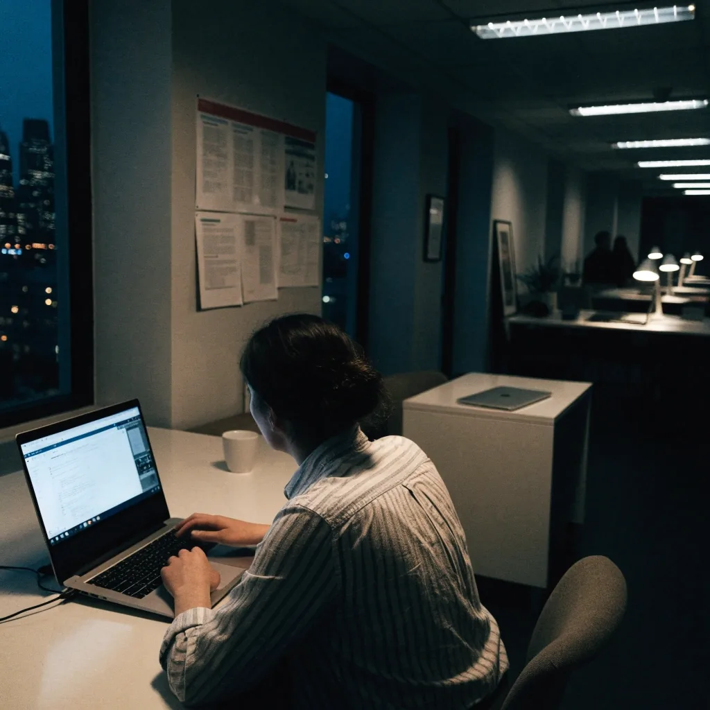 Entwicklerin arbeitet abends an einem Arbeitsplatz, Monitore nur als unscharfer Lichtschein