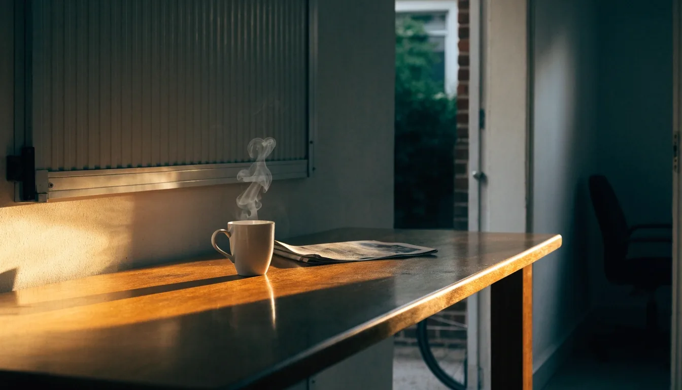 Ruhiger Arbeitsplatz im Digitaler Hinterhofbüro am Morgen mit warmem Seitenlicht